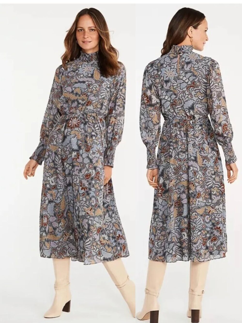 NWT ANN TAYLOR Floral Smocked Long Sleeve Midi Maxi Dress Size L